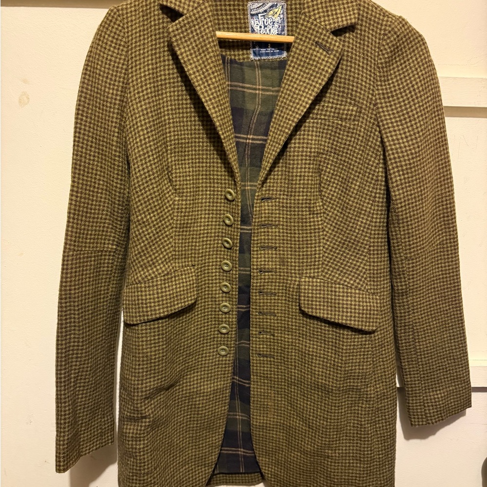 Free People Olive Houndstooth Wool Blazer
